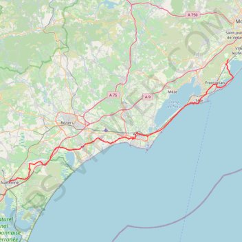 Itinéraire Itinéraire de Narbonne à Mireval, distance, dénivelé, altitude, carte, profil, trace GPS