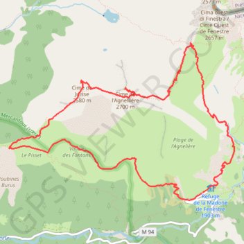 Itinéraire Madone de Fenestre - Cîme de l'Agnelière (Mercantour), distance, dénivelé, altitude, carte, profil, trace GPS