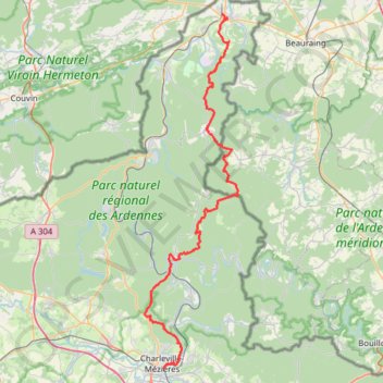 Itinéraire Givet - Charleville, distance, dénivelé, altitude, carte, profil, trace GPS