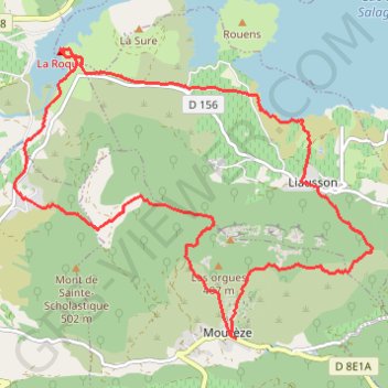 Itinéraire Salagou - Mourèze - Roques - Liausson - Grotte, distance, dénivelé, altitude, carte, profil, trace GPS