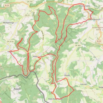 Itinéraire Boucle VTT depuis Perlé, distance, dénivelé, altitude, carte, profil, trace GPS
