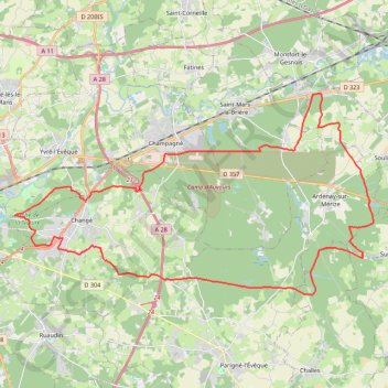 Itinéraire Rando - Changé - Montfort - Soulitré - Challes, distance, dénivelé, altitude, carte, profil, trace GPS