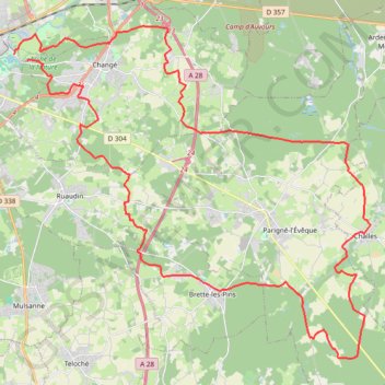 Itinéraire Boucle Le Mans - Changé - Brettes - Parigné - Challes, distance, dénivelé, altitude, carte, profil, trace GPS