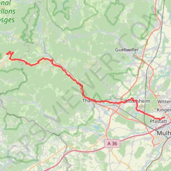 Itinéraire Azureva - Bussang - Urbeis - Thann - Cernay - Mulhouse, distance, dénivelé, altitude, carte, profil, trace GPS