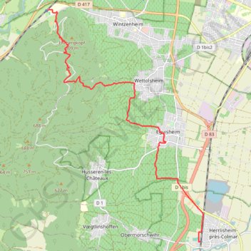Itinéraire Herrlisheim-prés-Colmar - Haut-Rhin, distance, dénivelé, altitude, carte, profil, trace GPS