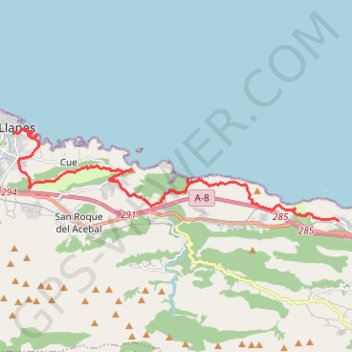 Itinéraire Pendueles - Llanes (GR 204 y E 9), distance, dénivelé, altitude, carte, profil, trace GPS
