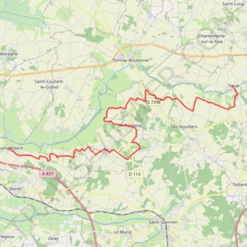 Itinéraire Torxé vers Champdolent 28 kms Rives de Boutonne, distance, dénivelé, altitude, carte, profil, trace GPS