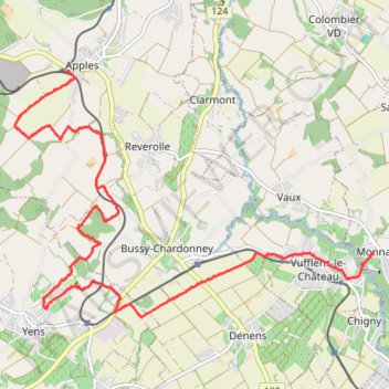 Itinéraire Apples, Reverolle, Chardonney, Yens, Vufflens, Monnaz, distance, dénivelé, altitude, carte, profil, trace GPS