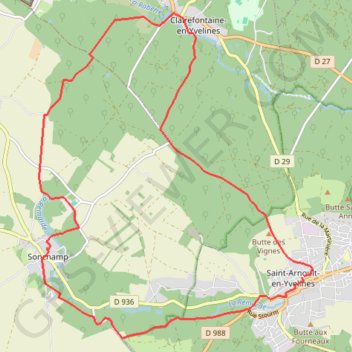 Itinéraire Saint Arnoult en Yvelines ouest boucle Clairefontaine, distance, dénivelé, altitude, carte, profil, trace GPS