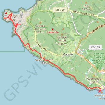 Itinéraire Capelinhos, distance, dénivelé, altitude, carte, profil, trace GPS