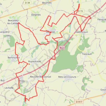 Itinéraire Boucle autour de Hermies, distance, dénivelé, altitude, carte, profil, trace GPS