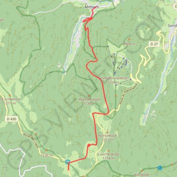 Itinéraire Col du Hahnenbrunnen à Mittlach, distance, dénivelé, altitude, carte, profil, trace GPS