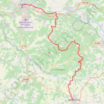 Itinéraire TCH J6 56km Cognac Barbezieux origine, distance, dénivelé, altitude, carte, profil, trace GPS