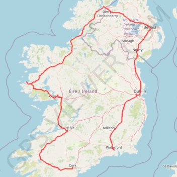 Itinéraire Tour de l'Irlande : Cork - Waterford, distance, dénivelé, altitude, carte, profil, trace GPS