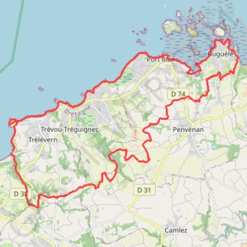 Itinéraire Nantouar-Buguélès, distance, dénivelé, altitude, carte, profil, trace GPS