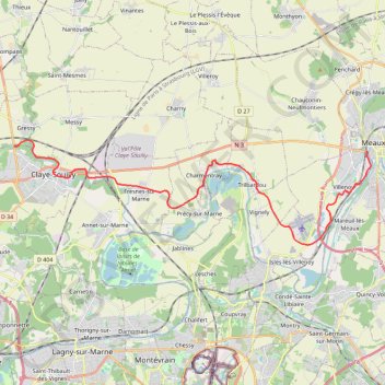 Itinéraire Meaux Claye, distance, dénivelé, altitude, carte, profil, trace GPS