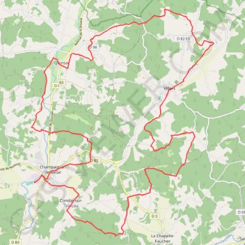 Itinéraire Champagnac de Belair( Brantome )36kms, distance, dénivelé, altitude, carte, profil, trace GPS