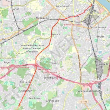 Itinéraire Gare St Jean-- Gradignan, distance, dénivelé, altitude, carte, profil, trace GPS