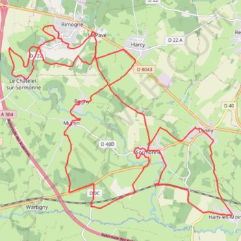 Itinéraire Ham les Moines - Rimogne - Murtin - Sormonne - Lonny, distance, dénivelé, altitude, carte, profil, trace GPS