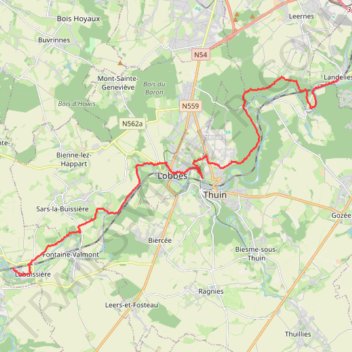 Itinéraire W GR de gare à gare Labuissiere Landelies 230623, distance, dénivelé, altitude, carte, profil, trace GPS