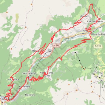 Itinéraire Boucle Moûtiers, Aime par Hautecour et St marcel, distance, dénivelé, altitude, carte, profil, trace GPS