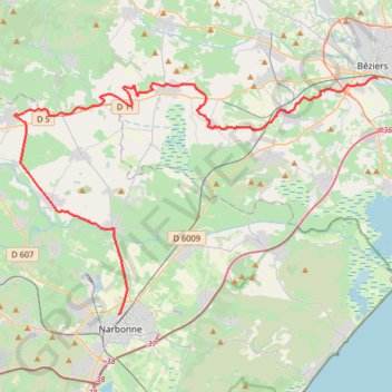 Itinéraire Narbonne / Béziers, distance, dénivelé, altitude, carte, profil, trace GPS