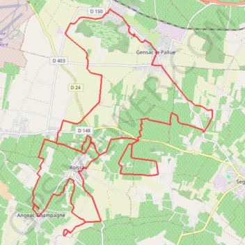 Itinéraire Gensac vers Angeac Champagne 36 kms, distance, dénivelé, altitude, carte, profil, trace GPS