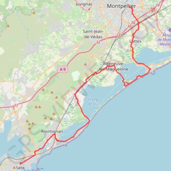 Itinéraire Montpellier - Sète, distance, dénivelé, altitude, carte, profil, trace GPS