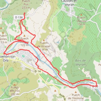 Itinéraire CESSENON , carrière de marbre de Coumiac, l'Orb, vieux moulin- 17km- 240m (Sabine 14 02 21), distance, dénivelé, altitude, carte, profil, trace GPS