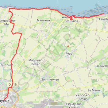 Itinéraire GR223 Bayeux - Asnelles, distance, dénivelé, altitude, carte, profil, trace GPS