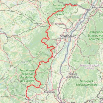 Itinéraire Traversée du Massif des Vosges à pied - Wissembourg / Belfort, distance, dénivelé, altitude, carte, profil, trace GPS