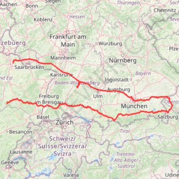 Itinéraire Road trip France - Allemagne - Autriche, par la Bavière, distance, dénivelé, altitude, carte, profil, trace GPS