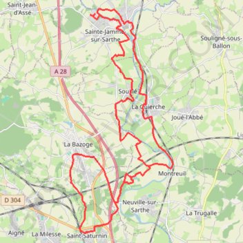 Itinéraire Le long de la Sarthe, au nord du Mans, distance, dénivelé, altitude, carte, profil, trace GPS