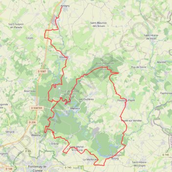 Itinéraire Antigny Mervent, distance, dénivelé, altitude, carte, profil, trace GPS