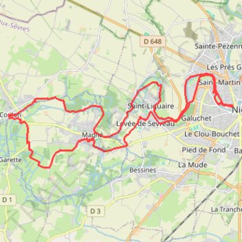 Itinéraire Circuit Cyclo Niort - Coulon - Magné - Niort_1, distance, dénivelé, altitude, carte, profil, trace GPS