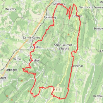 Itinéraire Gevingey - Geruge - Àrthenas - Augisey - Rotalier, distance, dénivelé, altitude, carte, profil, trace GPS