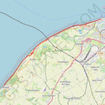 Itinéraire GR 120 de Calais à Wissant, distance, dénivelé, altitude, carte, profil, trace GPS